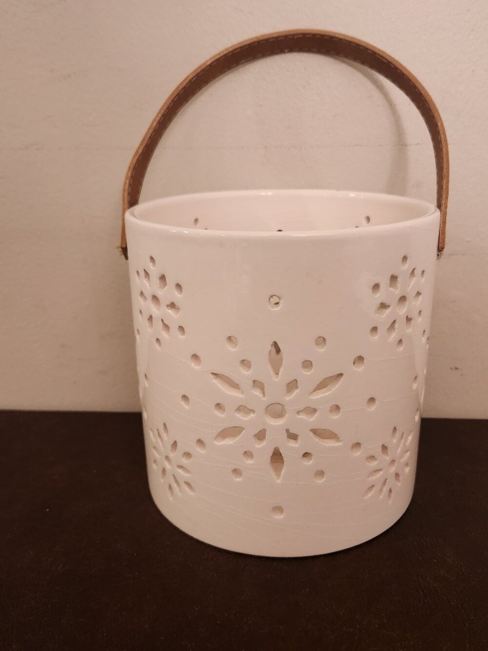 Large Christmas White Ceramic Candle Holder with a Snowflake Decoration